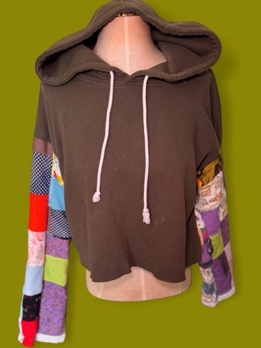 Olive Green Hoodie with Patchwork Sleeves